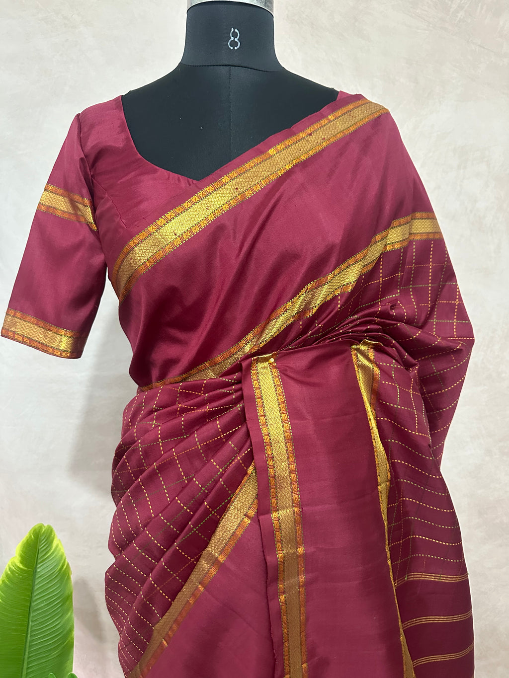 Maroon Kanchivarm handloom silk saree with stitched blouse