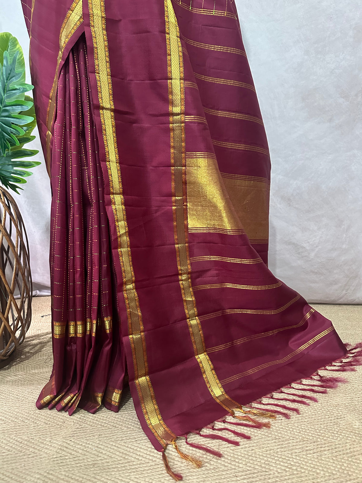 Maroon Kanchivarm handloom silk saree with stitched blouse