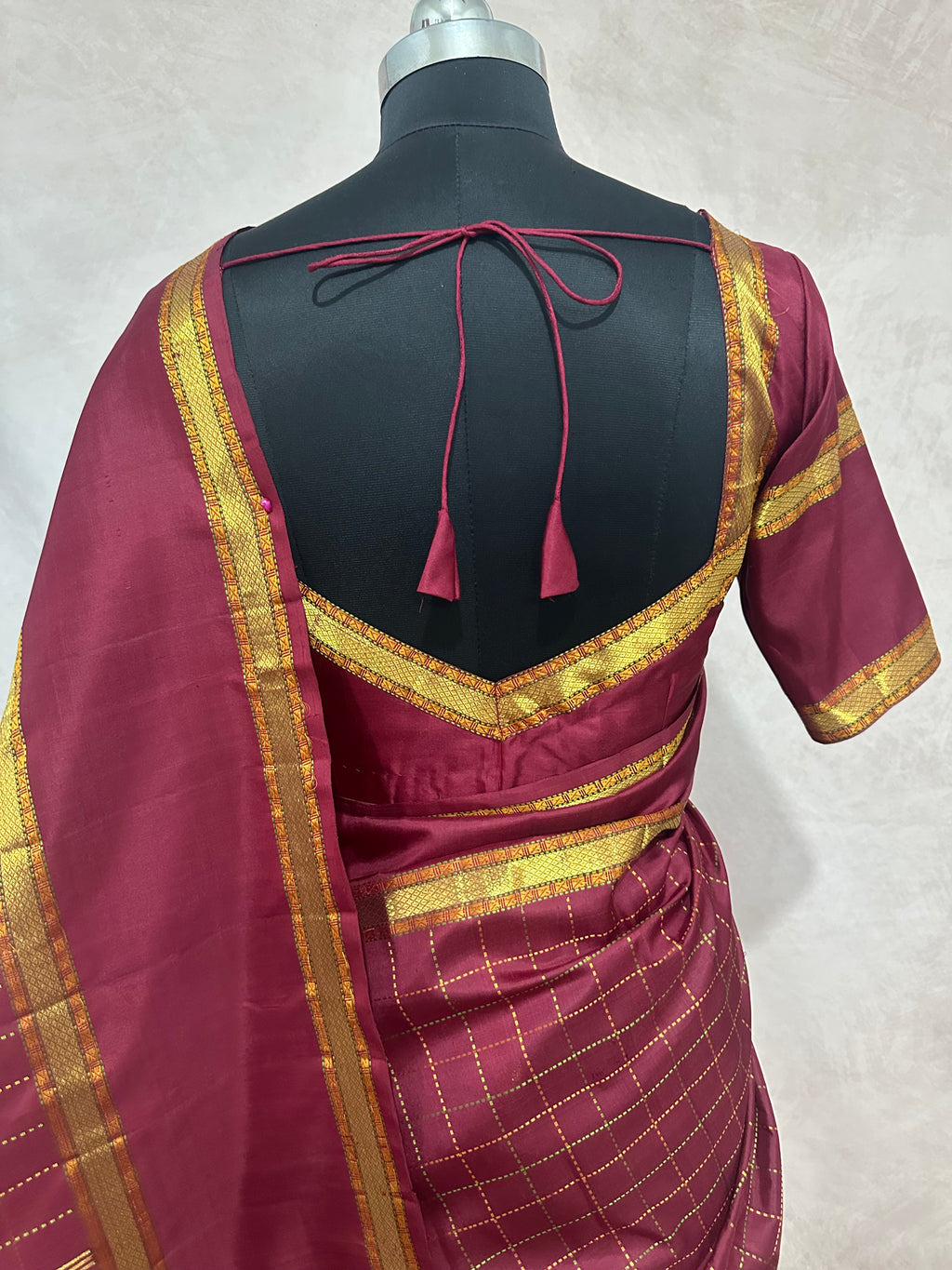 Maroon Kanchivarm handloom silk saree with stitched blouse