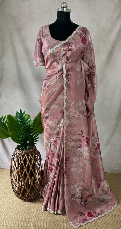 Tissue crepe silk saree with sequins border, stitched blouse