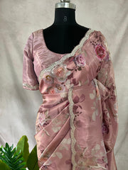 Tissue crepe silk saree with sequins border, stitched blouse