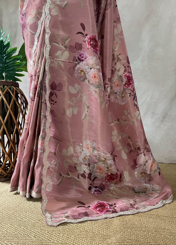 Tissue crepe silk saree with sequins border, stitched blouse