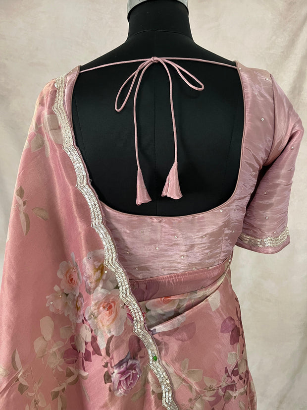 Tissue crepe silk saree with sequins border, stitched blouse