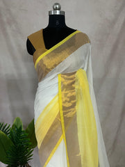Mulcotton saree with half yellow and gold border (no Pico and fall)