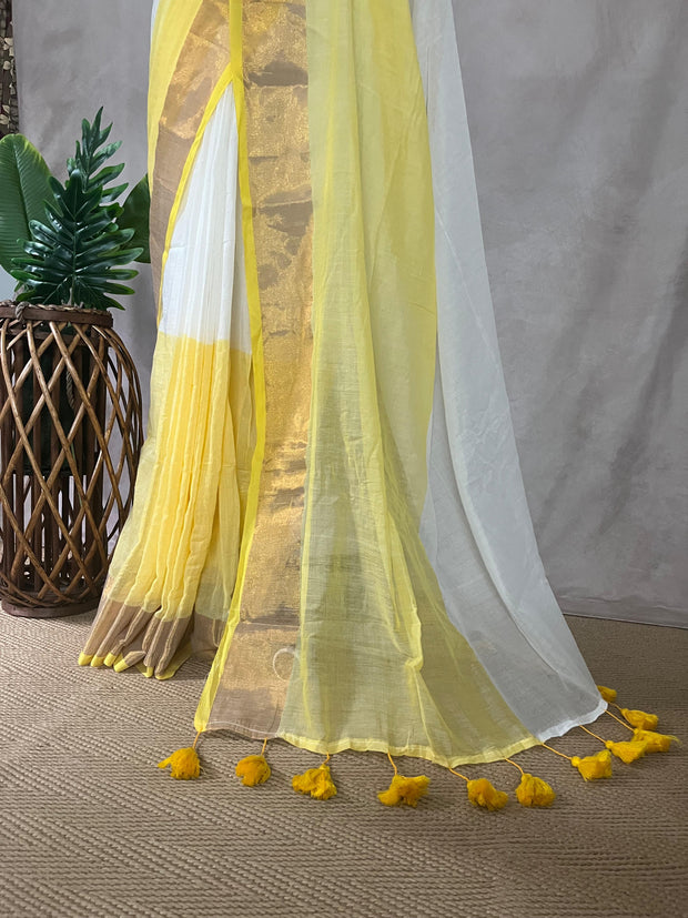 Mulcotton saree with half yellow and gold border (no Pico and fall)