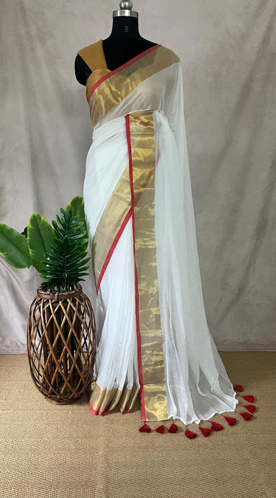 Mulcotton saree with pink and gold border