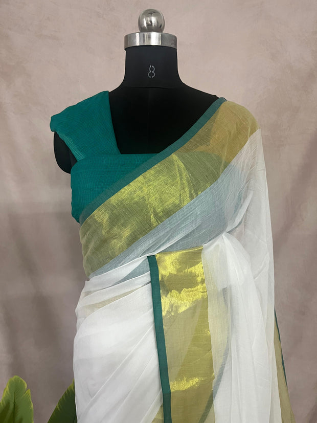 Mul cotton saree with green border