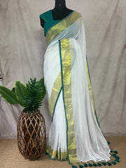 Mul cotton saree with green border