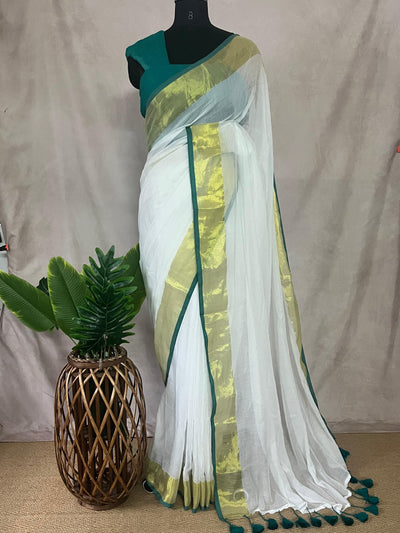 Mul cotton saree with green border