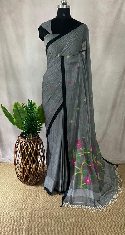 Grey mulcotton saree with Jamdani weave