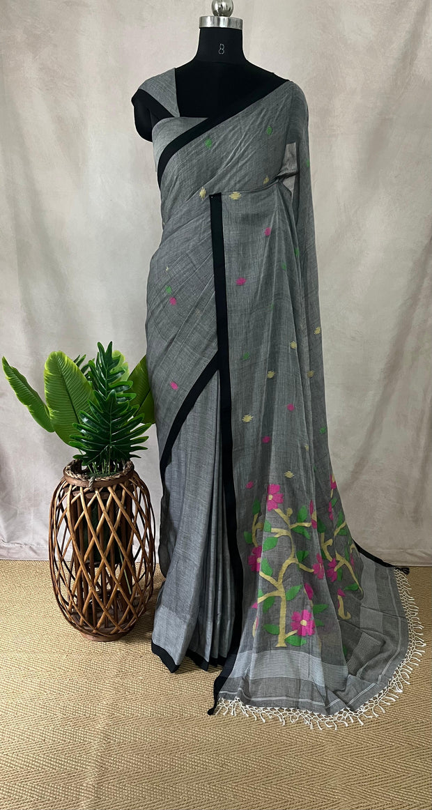 Grey mulcotton saree with Jamdani weave