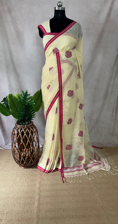 Jaysree linen saree with handwoven Rose motifs