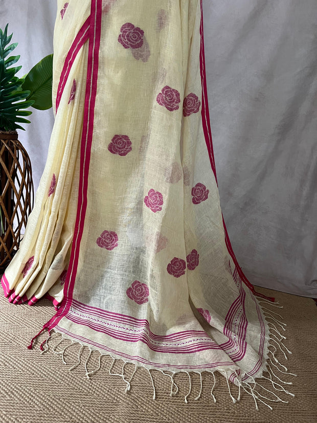 Jaysree linen saree with handwoven Rose motifs