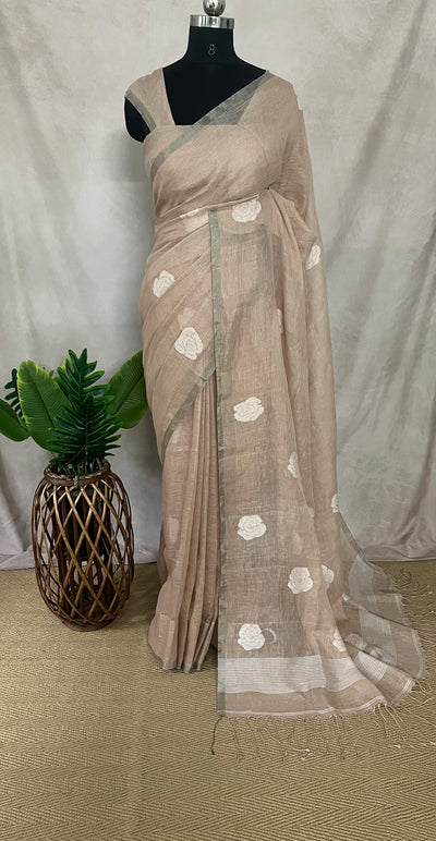 Jaysree linen saree with handwoven Rose motifs