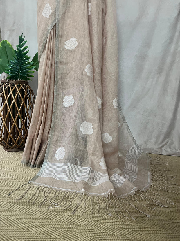 Jaysree linen saree with handwoven Rose motifs