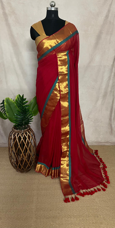 Mul cotton saree with red and gold border