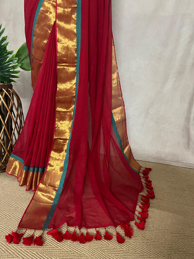 Mul cotton saree with red and gold border
