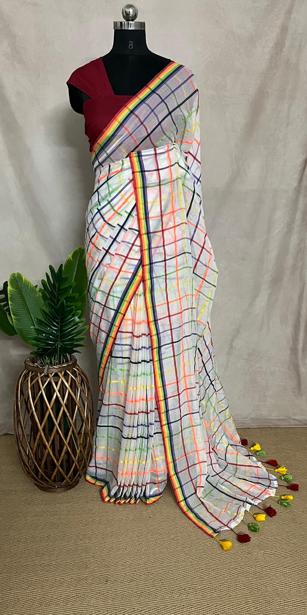 Check mulcotton saree