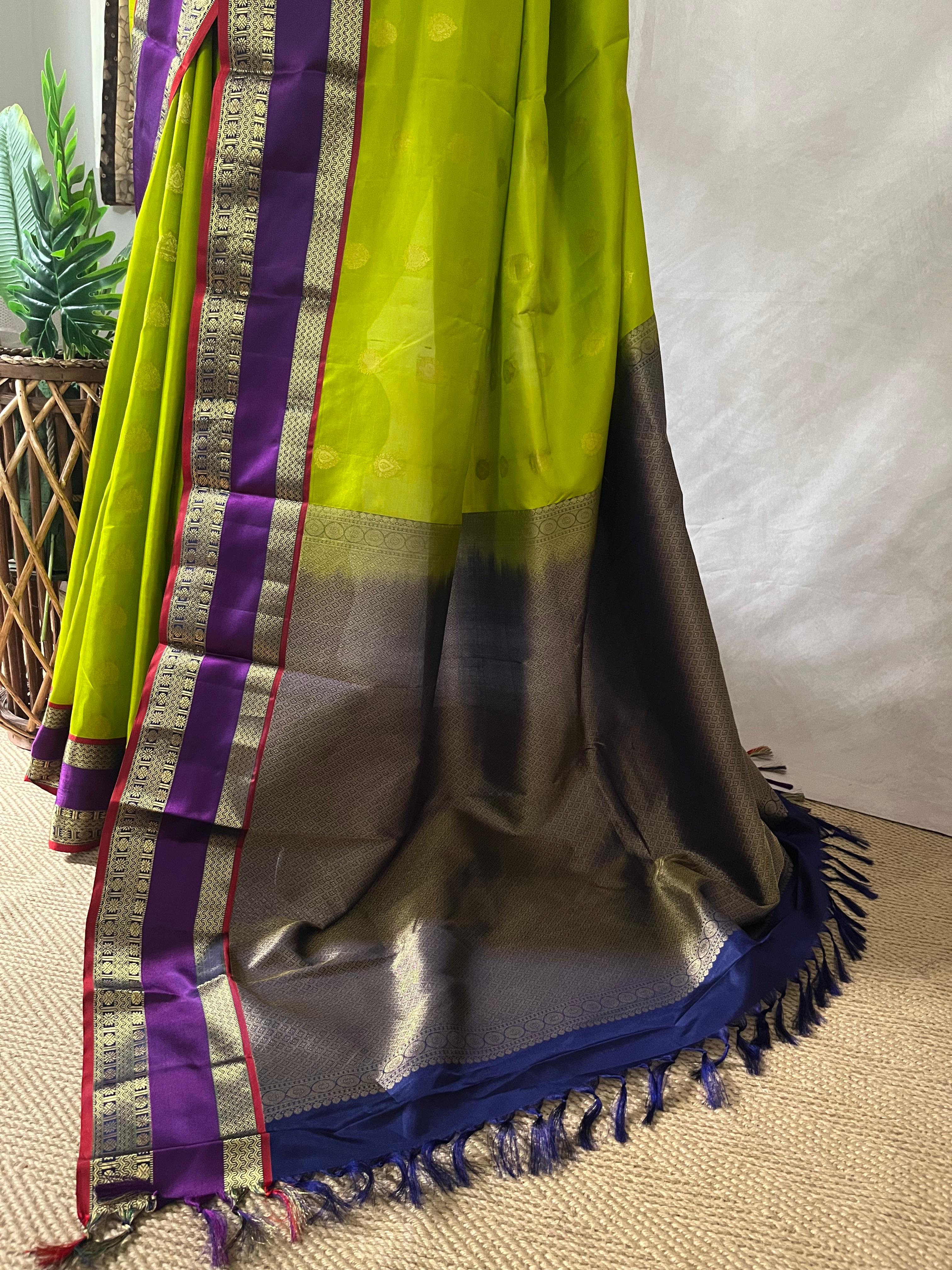 Light green and Blue Kanchivaram saree with stitched blouse