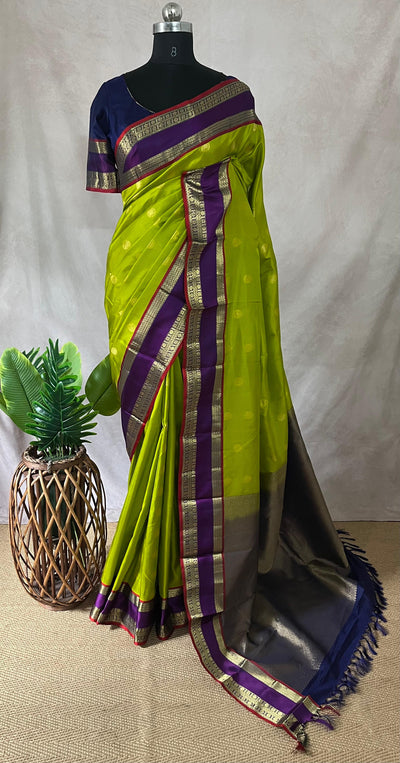Light green and Blue Kanchivaram saree with stitched blouse