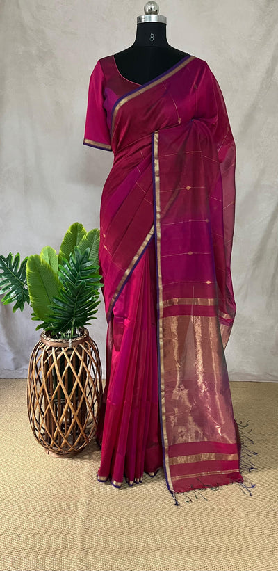 Pink double shaded Maheswari silk cotton saree with stitched blouse