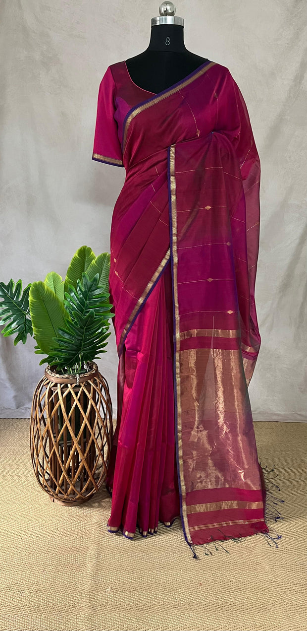 Pink double shaded Maheswari silk cotton saree with stitched blouse