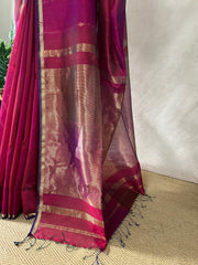 Pink double shaded Maheswari silk cotton saree with stitched blouse