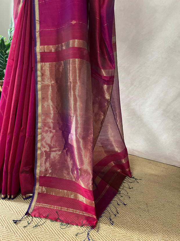 Pink double shaded Maheswari silk cotton saree with stitched blouse