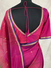 Pink double shaded Maheswari silk cotton saree with stitched blouse
