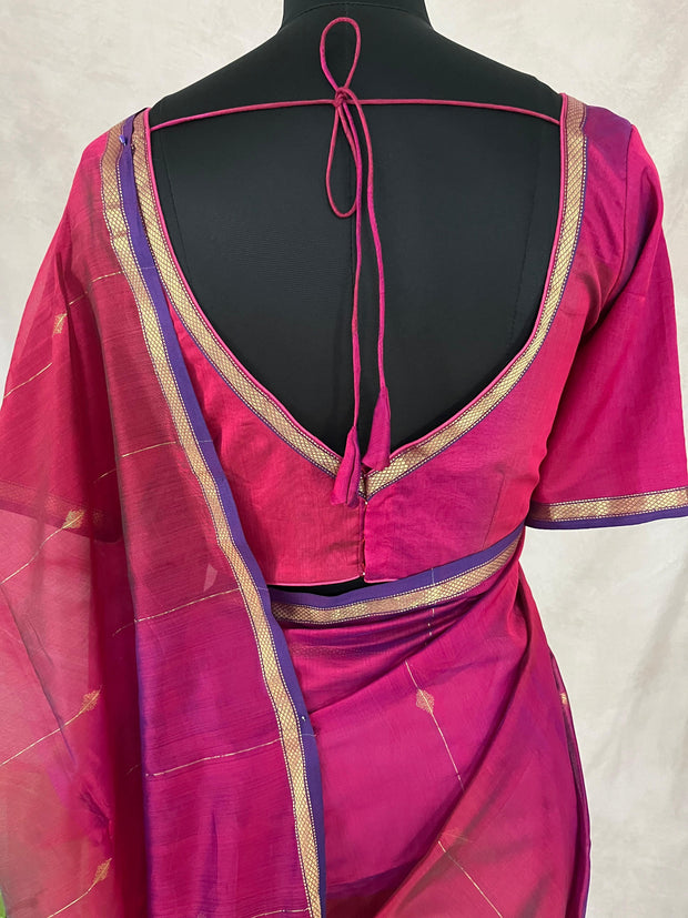 Pink double shaded Maheswari silk cotton saree with stitched blouse