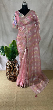 Light Pink Tissue oraganza saree with designer blouse