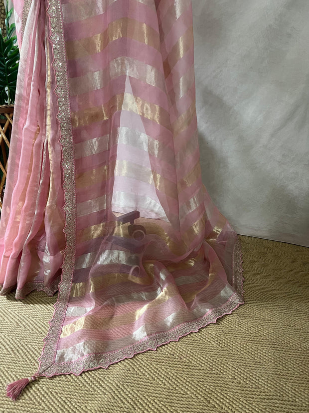 Light Pink Tissue oraganza saree with designer blouse