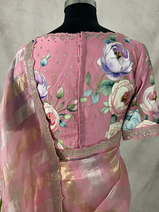 Light Pink Tissue oraganza saree with designer blouse