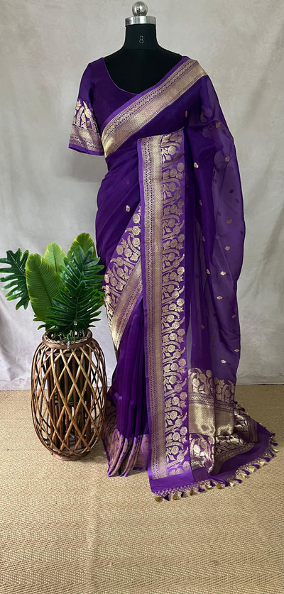Purple pure Organza silk saree with katan border, with stitched blouse