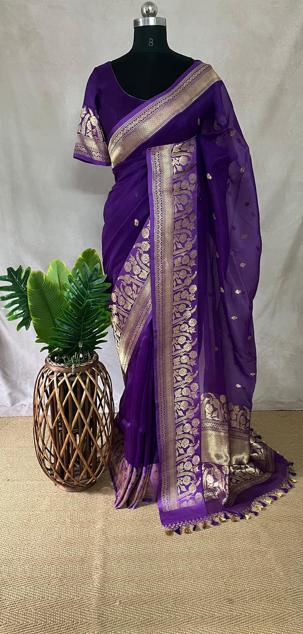 Purple pure Organza silk saree with katan border, with stitched blouse