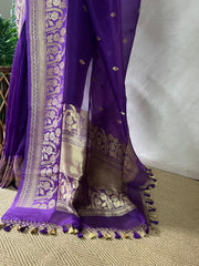 Purple pure Organza silk saree with katan border, with stitched blouse