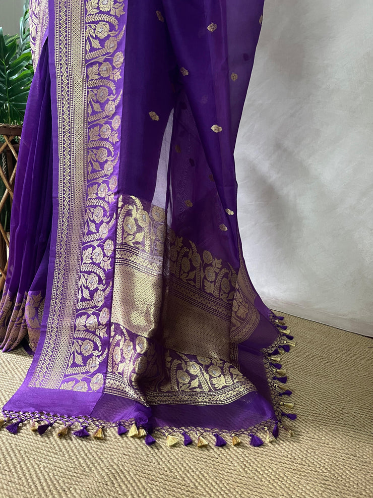 Purple pure Organza silk saree with katan border, with stitched blouse