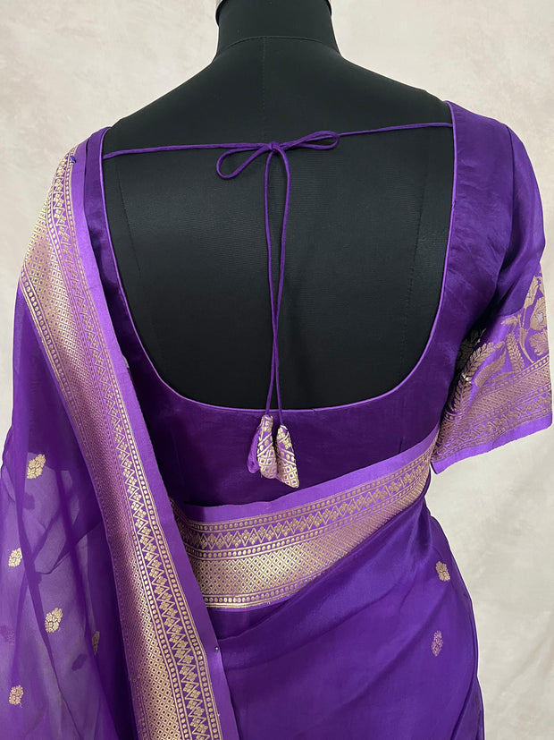 Purple pure Organza silk saree with katan border, with stitched blouse