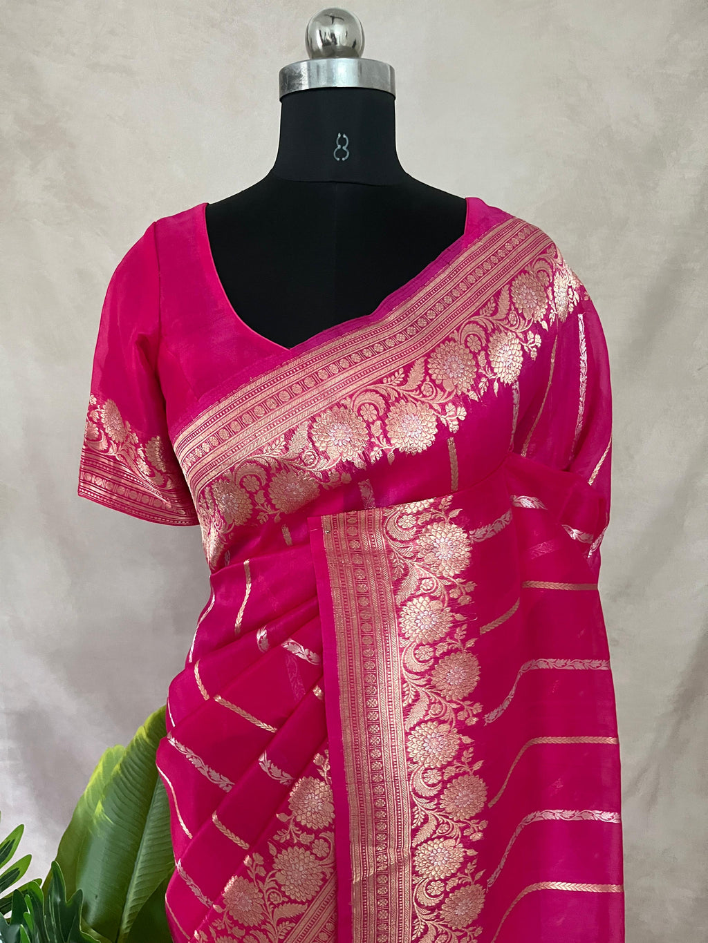 Hot pink pure organza silk saree with stitched blouse
