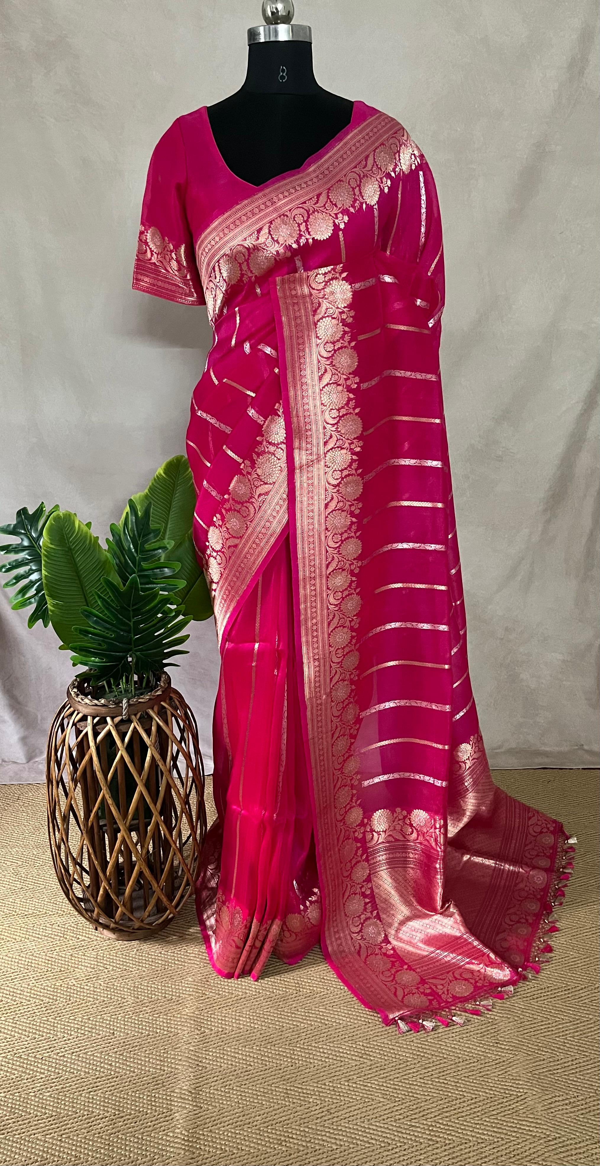 Hot pink pure organza silk saree with stitched blouse