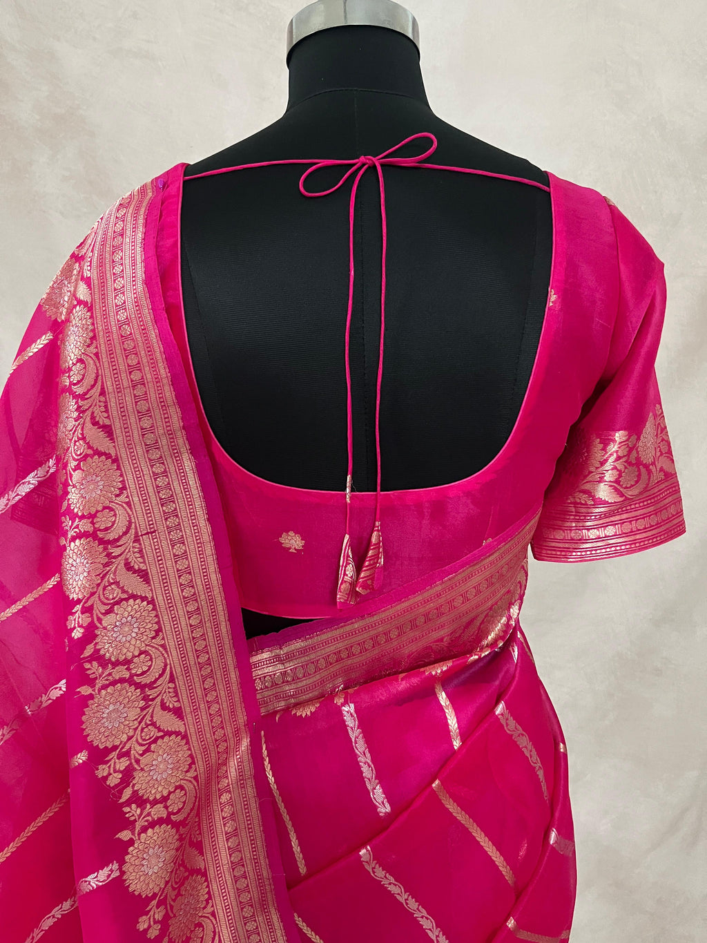 Hot pink pure organza silk saree with stitched blouse