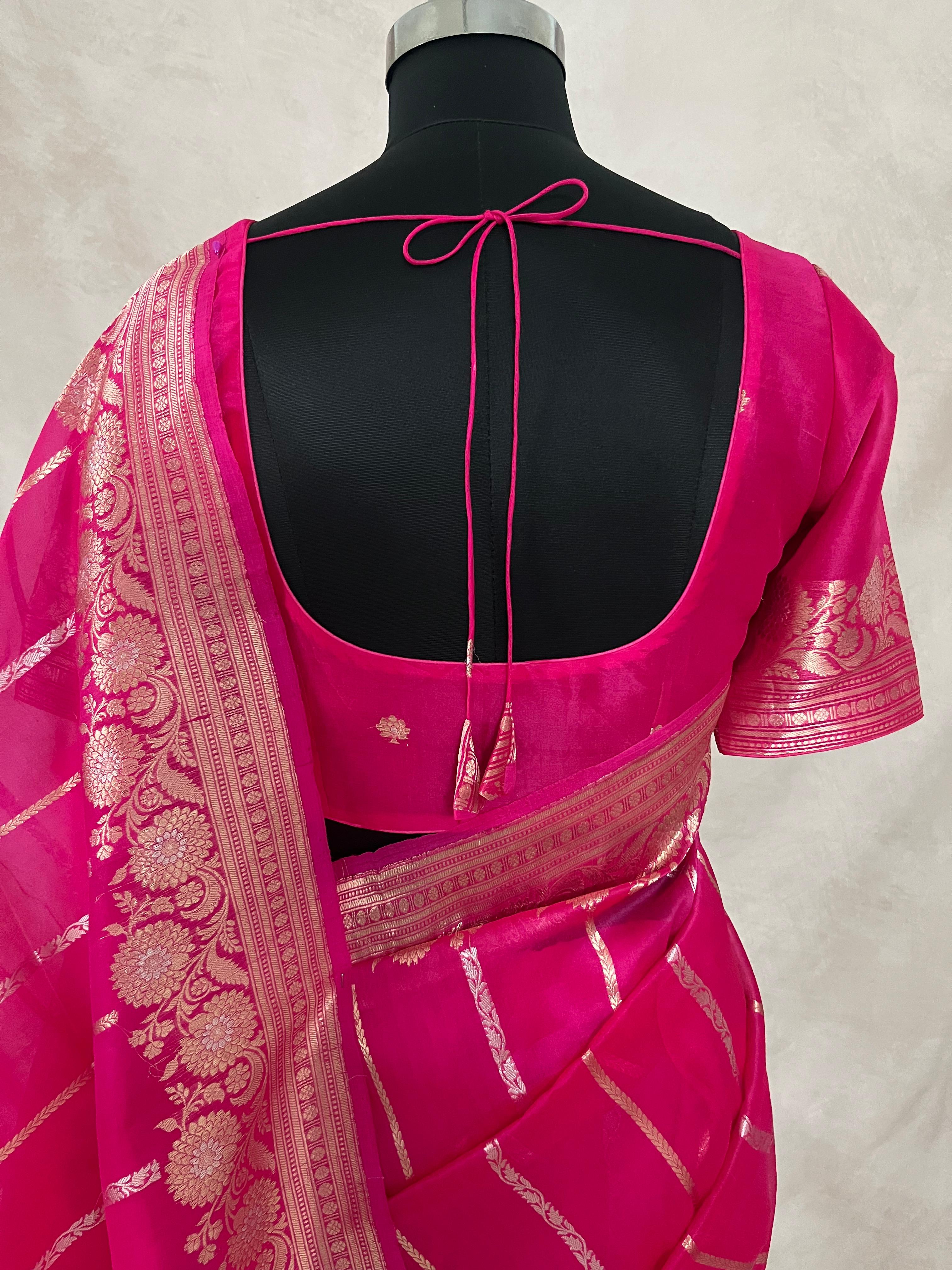 Hot pink pure organza silk saree with stitched blouse