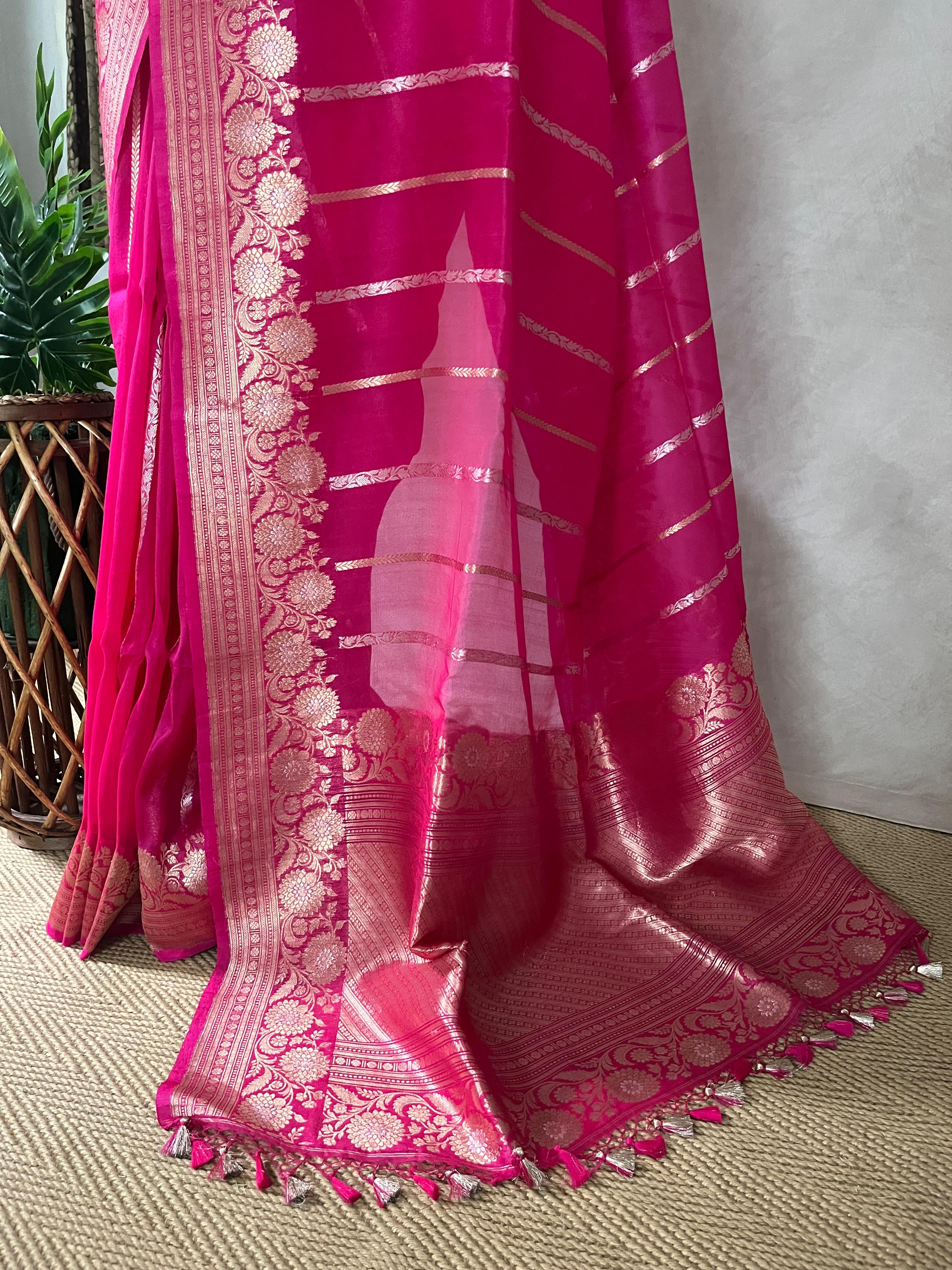Hot pink pure organza silk saree with stitched blouse