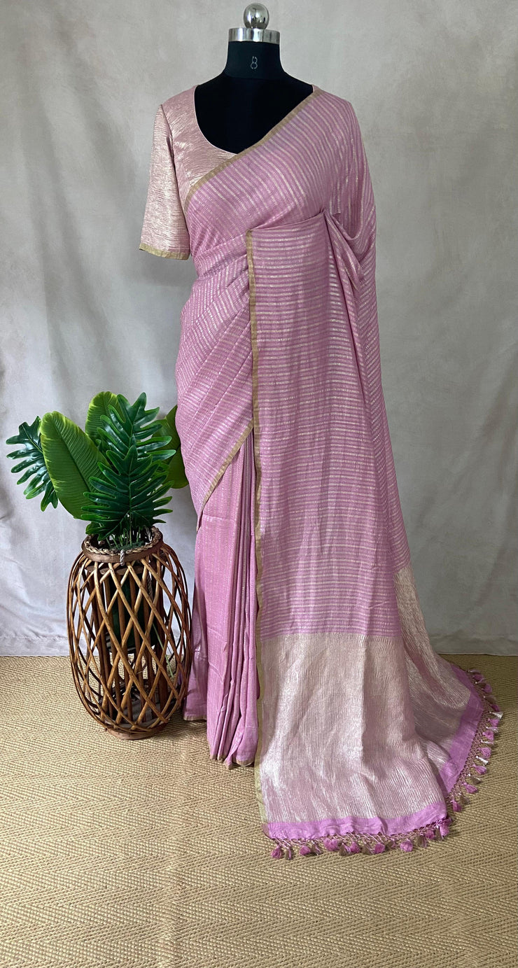 Lilac pure munga silk saree with stitched blouse