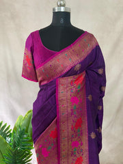 Dupion silk Purple saree with Magenta Paitani border, stitched blouse