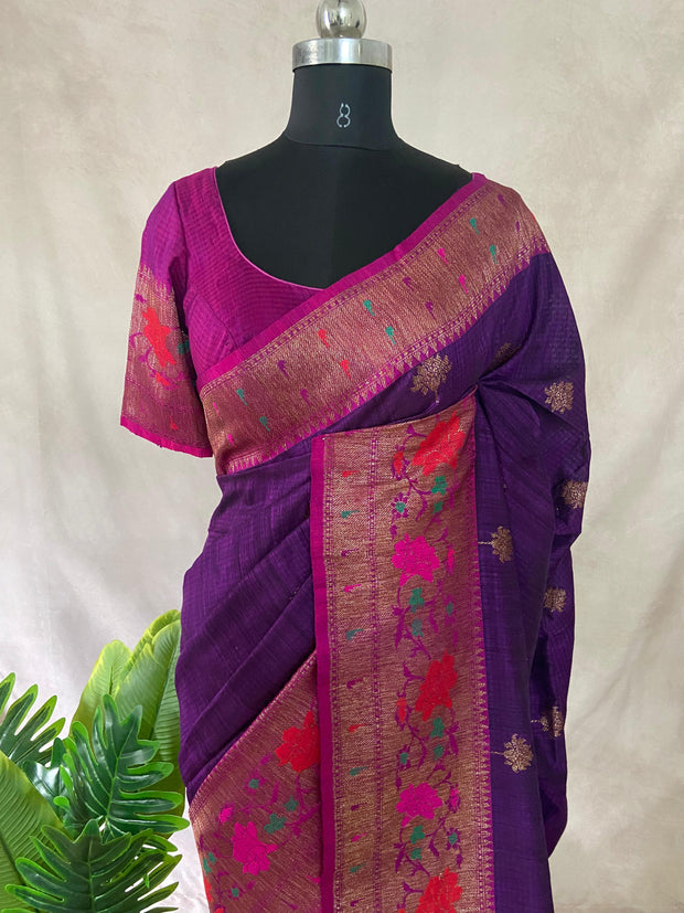 Dupion silk Purple saree with Magenta Paitani border, stitched blouse