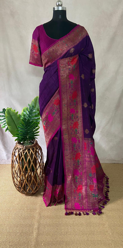 Dupion silk Purple saree with Magenta Paitani border, stitched blouse