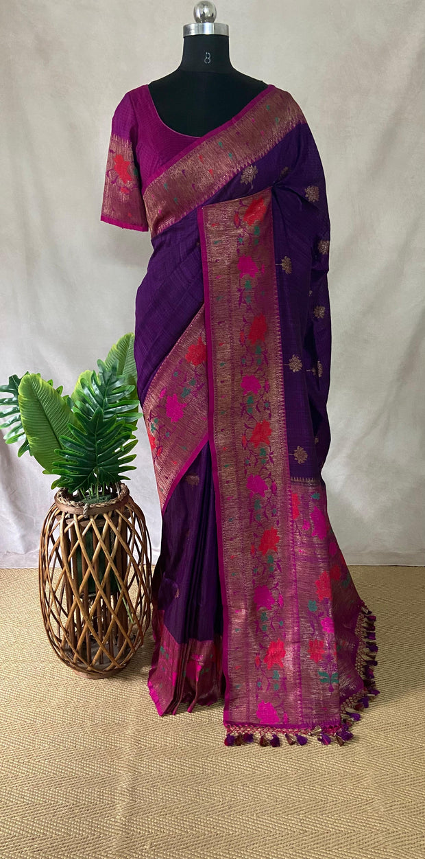 Dupion silk Purple saree with Magenta Paitani border, stitched blouse