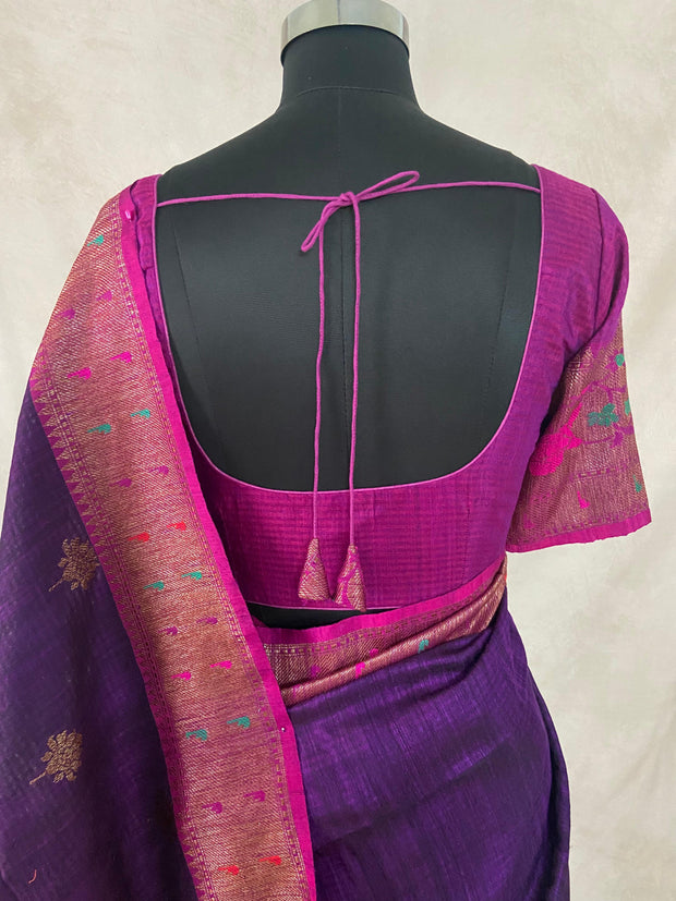 Dupion silk Purple saree with Magenta Paitani border, stitched blouse