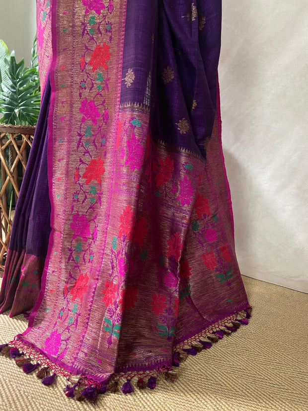 Dupion silk Purple saree with Magenta Paitani border, stitched blouse